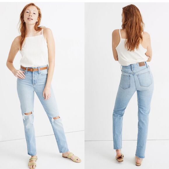 Madewell Jeans Womens 26 Blue Classic Straight Leg Ripped Knee Rigid Button Fly - Picture 1 of 13